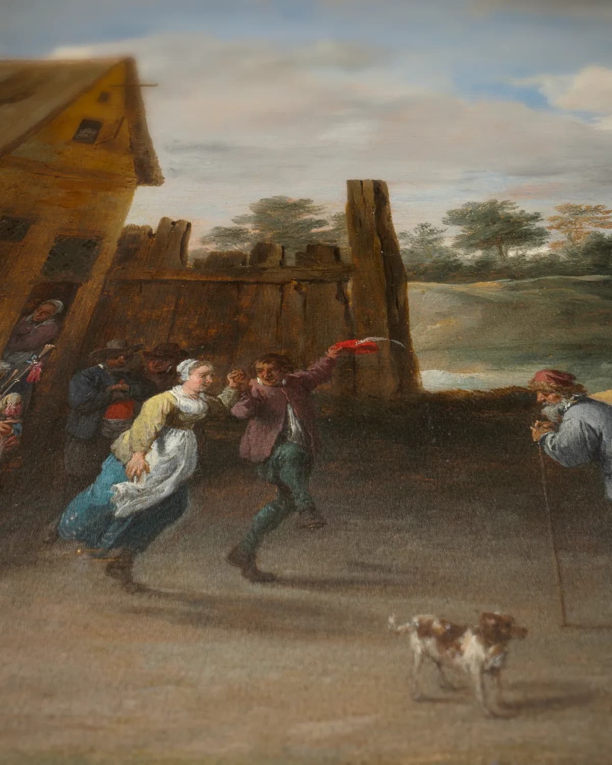 Landschap met dansende boeren op geweven fluweel, uitsnede 3 van 3