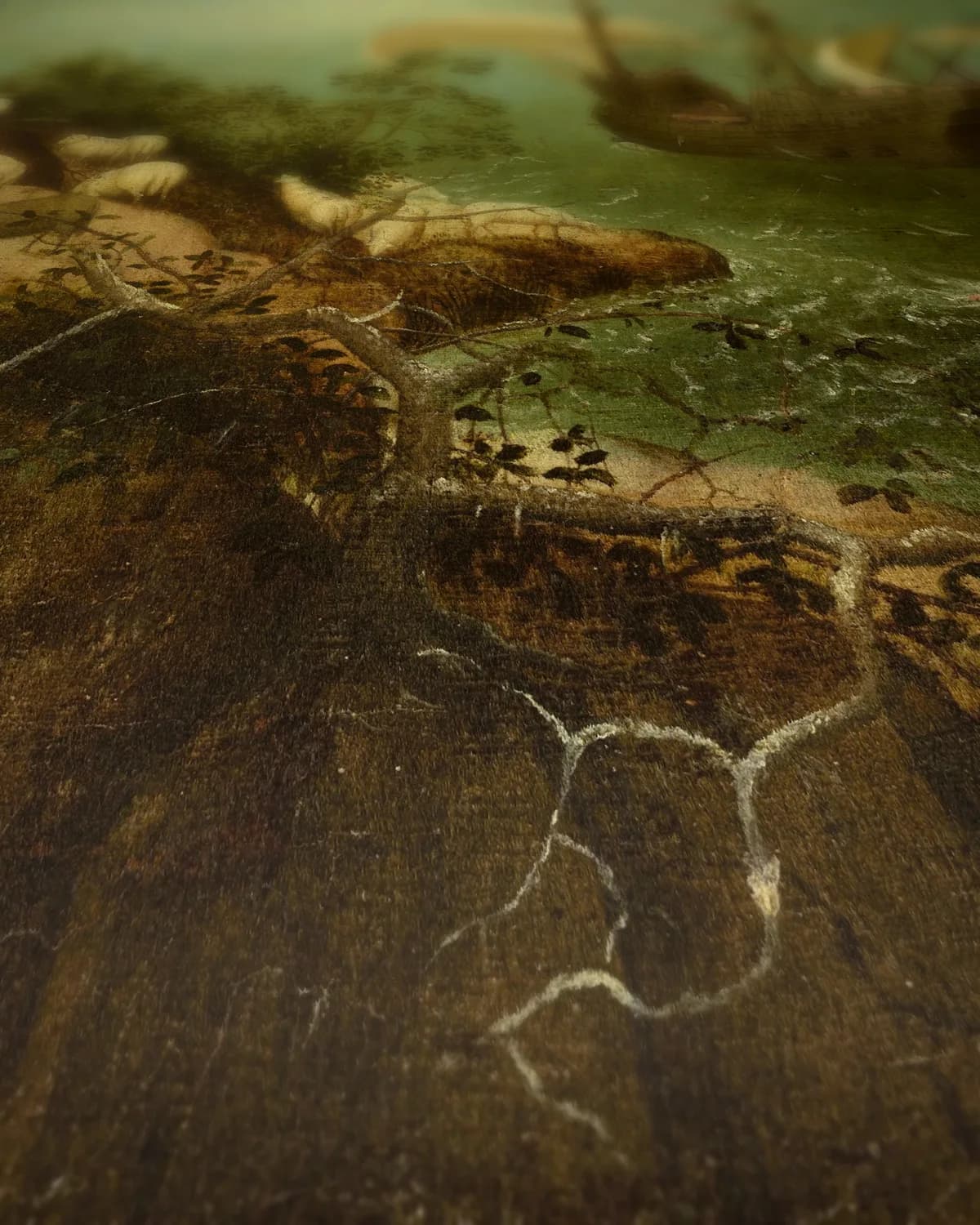 Landschap met de val van Icarus op geweven fluweel, uitsnede 1 van 3