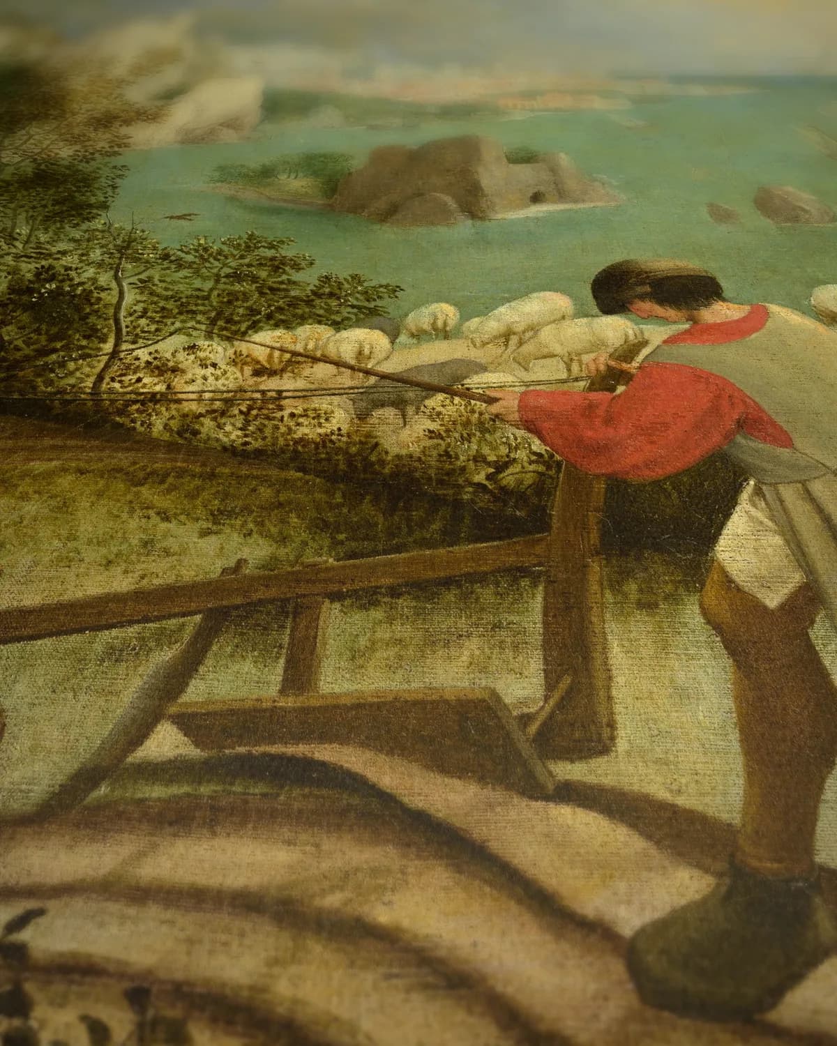 Landschap met de val van Icarus op geweven fluweel, uitsnede 3 van 3