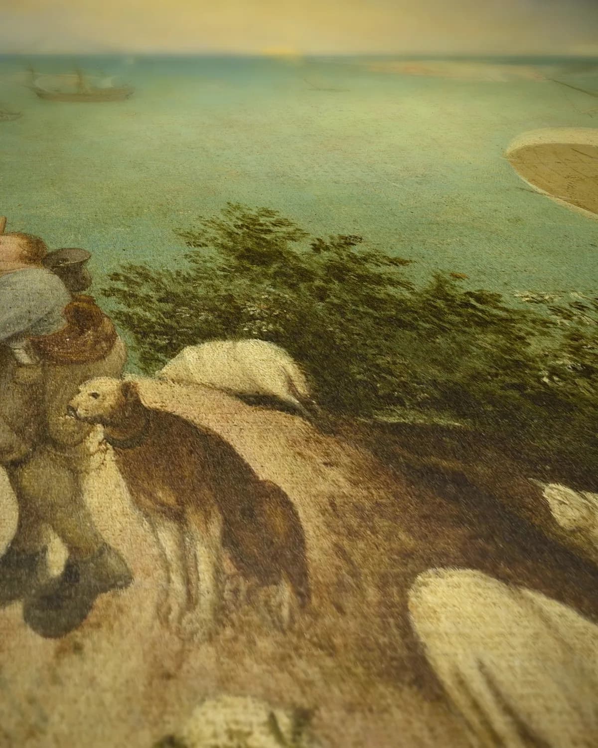 Landschap met de val van Icarus op geweven fluweel, uitsnede 2 van 3