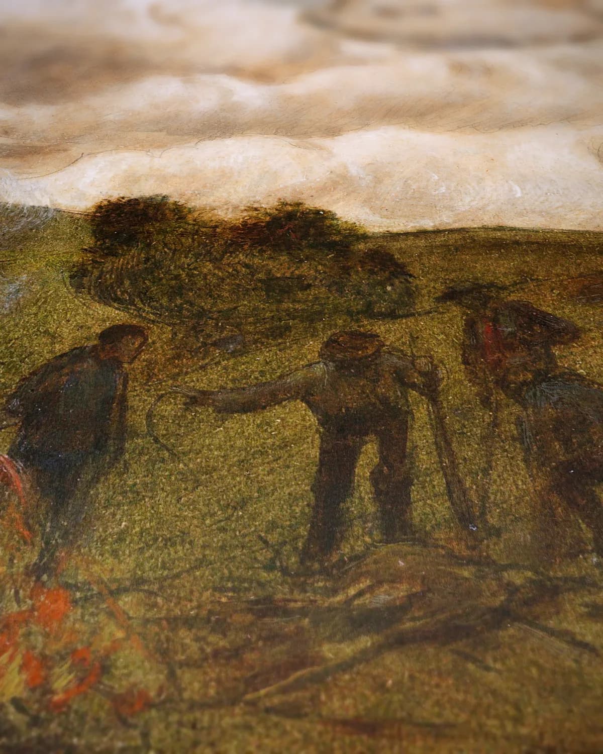 Landschap met herders en kampvuur op geweven fluweel, uitsnede 3 van 3