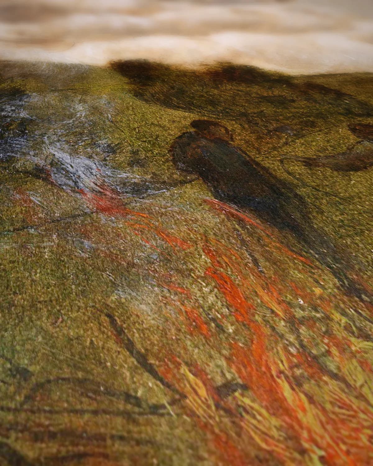 Landschap met herders en kampvuur op geweven fluweel, uitsnede 2 van 3