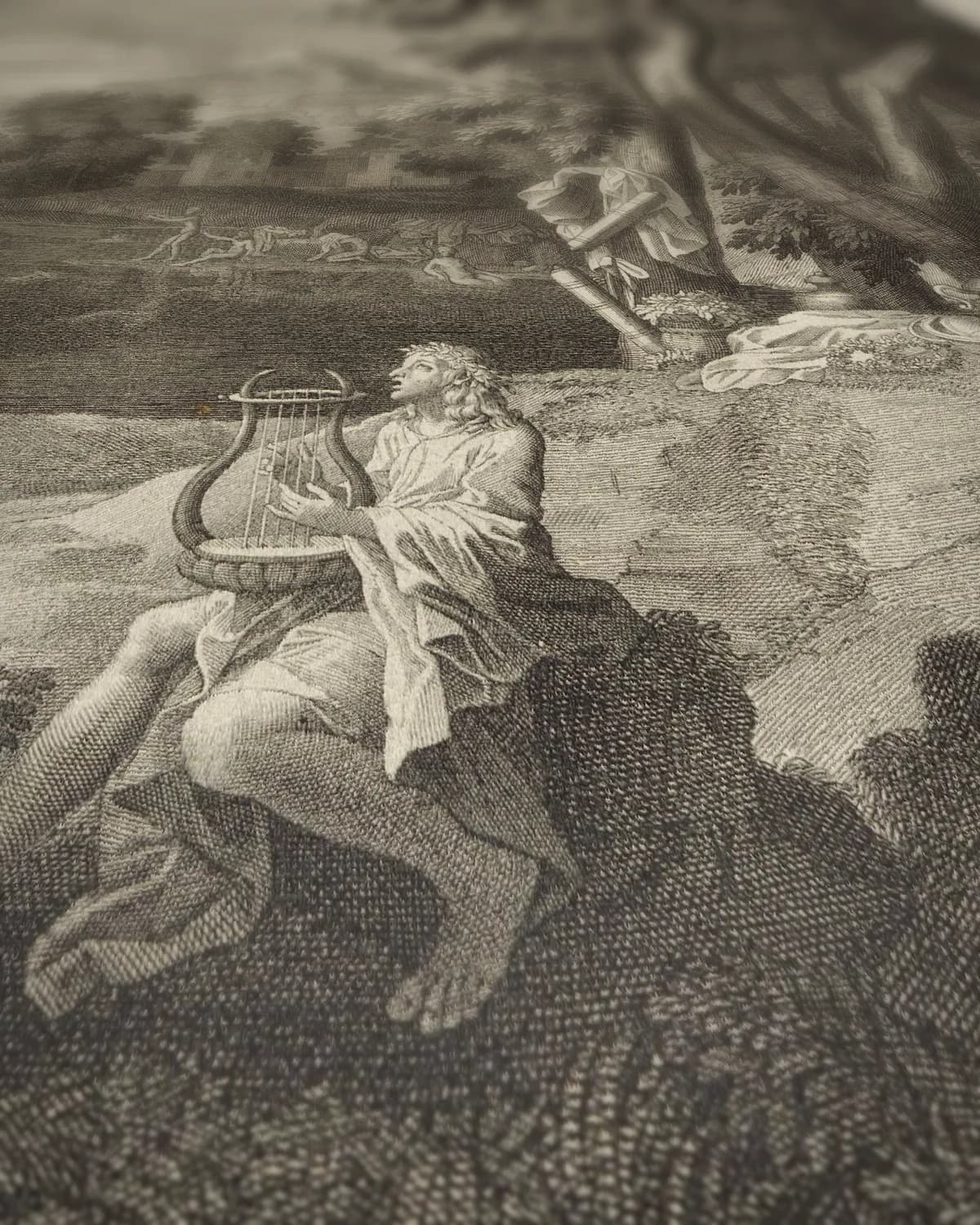 Landschap met Orpheus en Eurydice op geweven fluweel, uitsnede 1 van 3