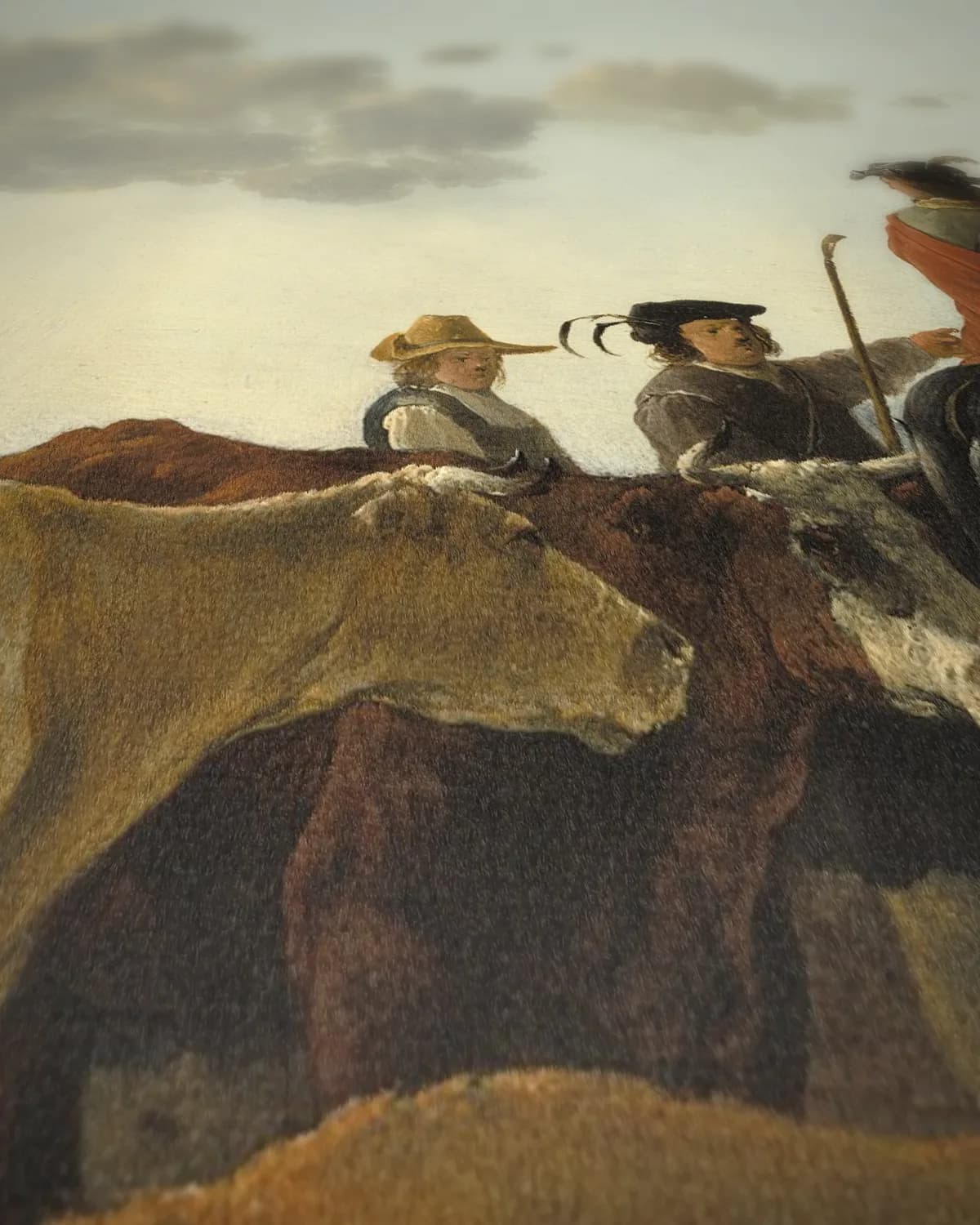 Landschap met veehoeders te paard op geweven fluweel, uitsnede 1 van 3