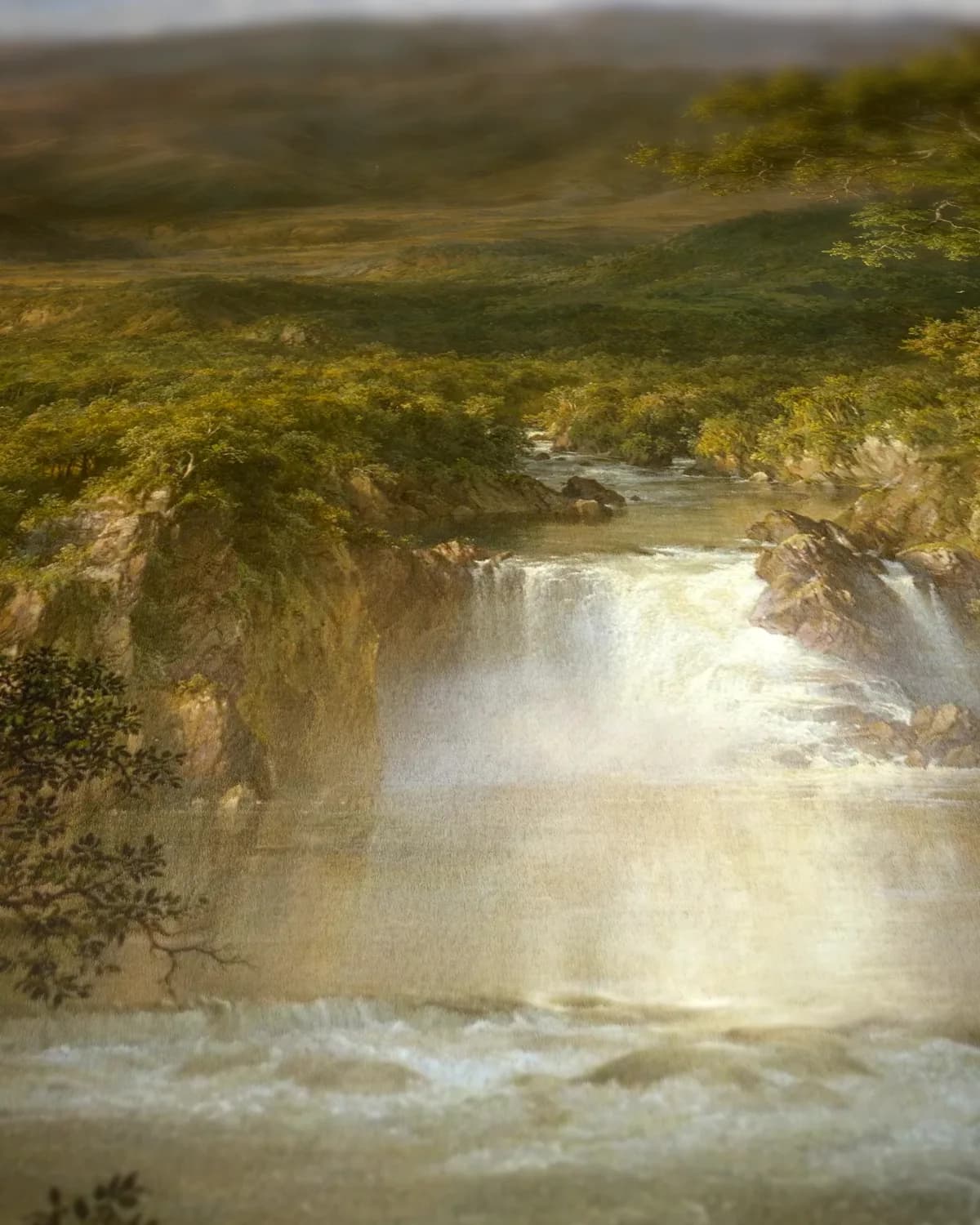 Majestueus berglandschap met waterval op geweven fluweel, uitsnede 3 van 3