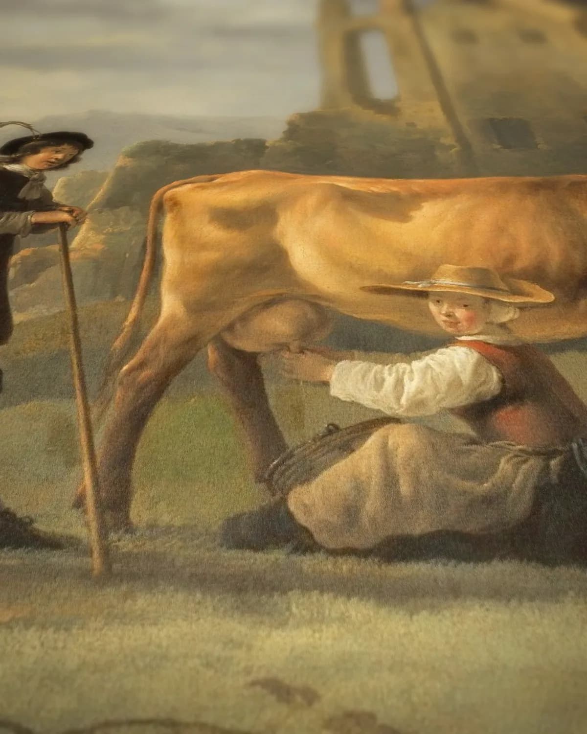 Melkmeid bij de koe met ruïne op geweven fluweel, uitsnede 3 van 3