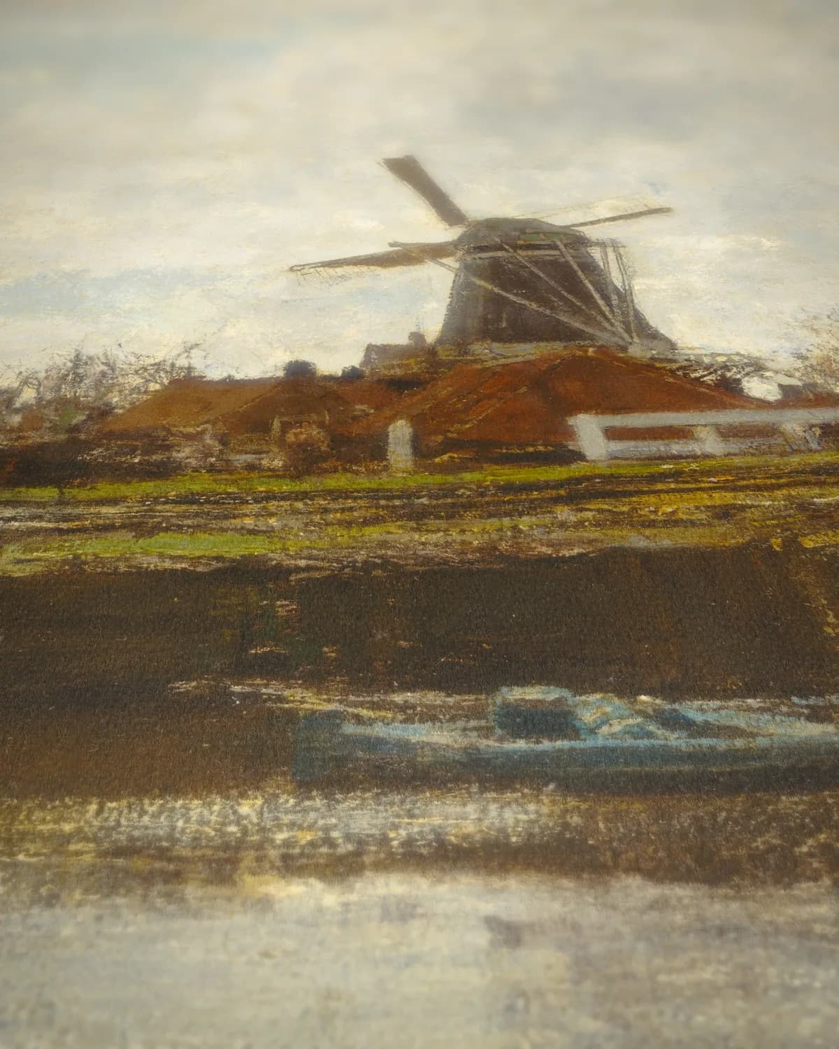 Molen en brug aan de Noordwest Buitensingel in Den Haag op geweven fluweel, uitsnede 3 van 3