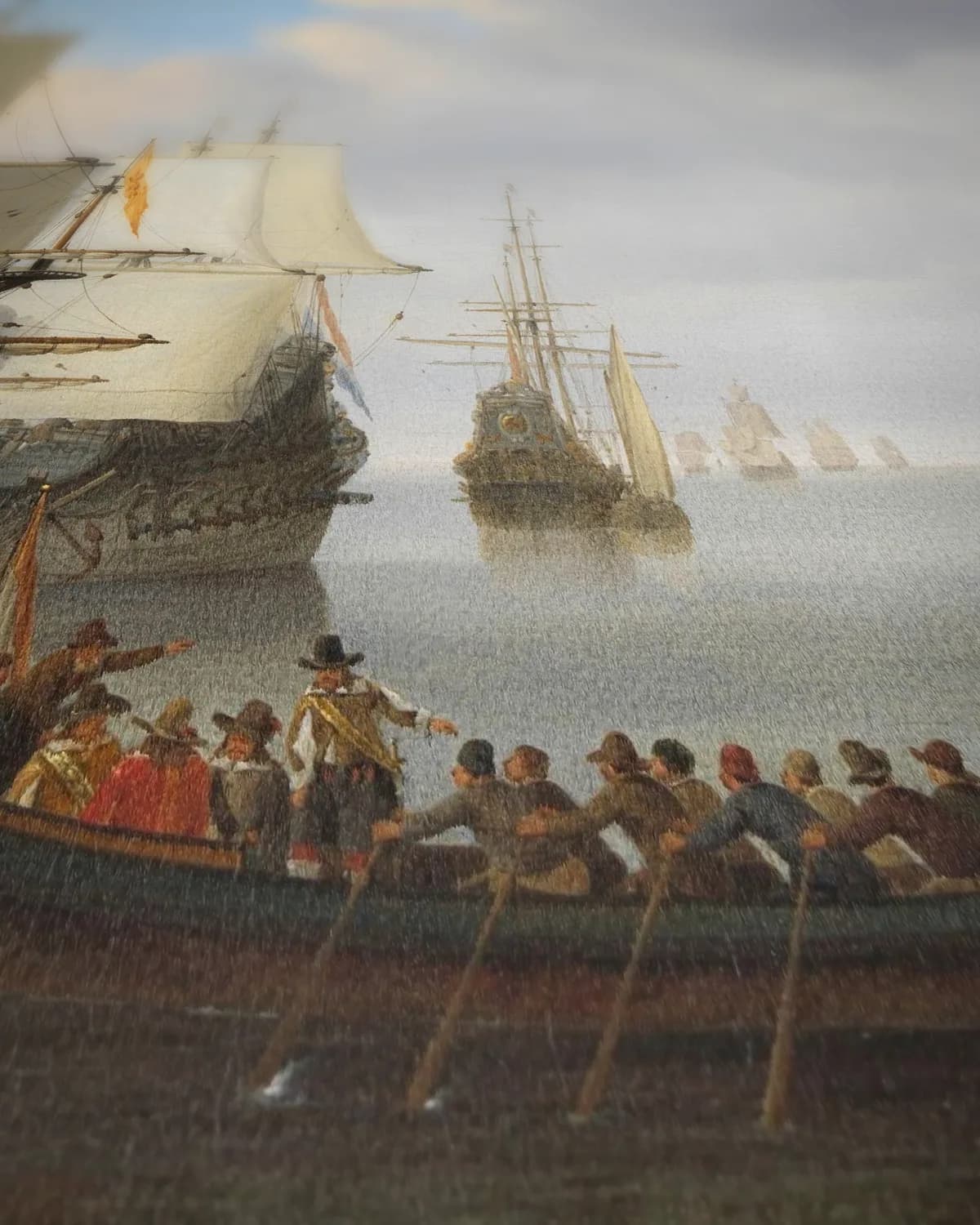 Nederlandse oorlogsschepen op een kalme zee op geweven fluweel, uitsnede 1 van 3
