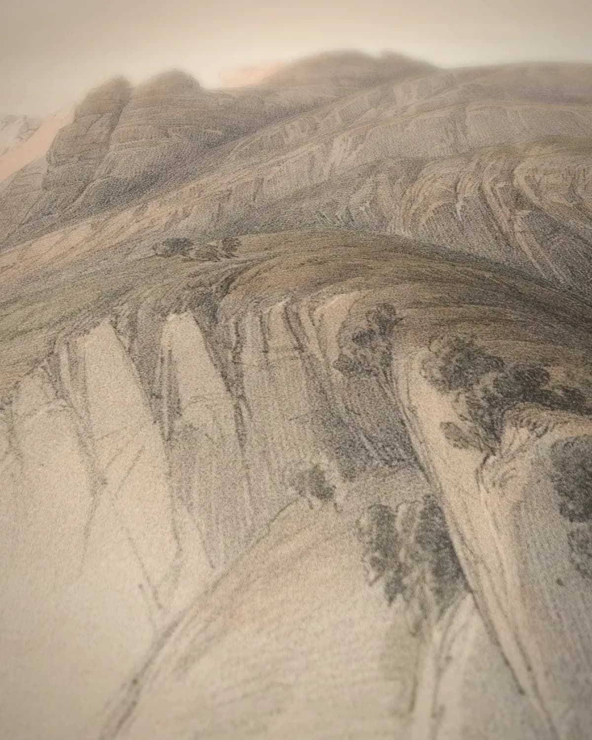 Oosters bergpanorama op geweven fluweel, uitsnede 3 van 3