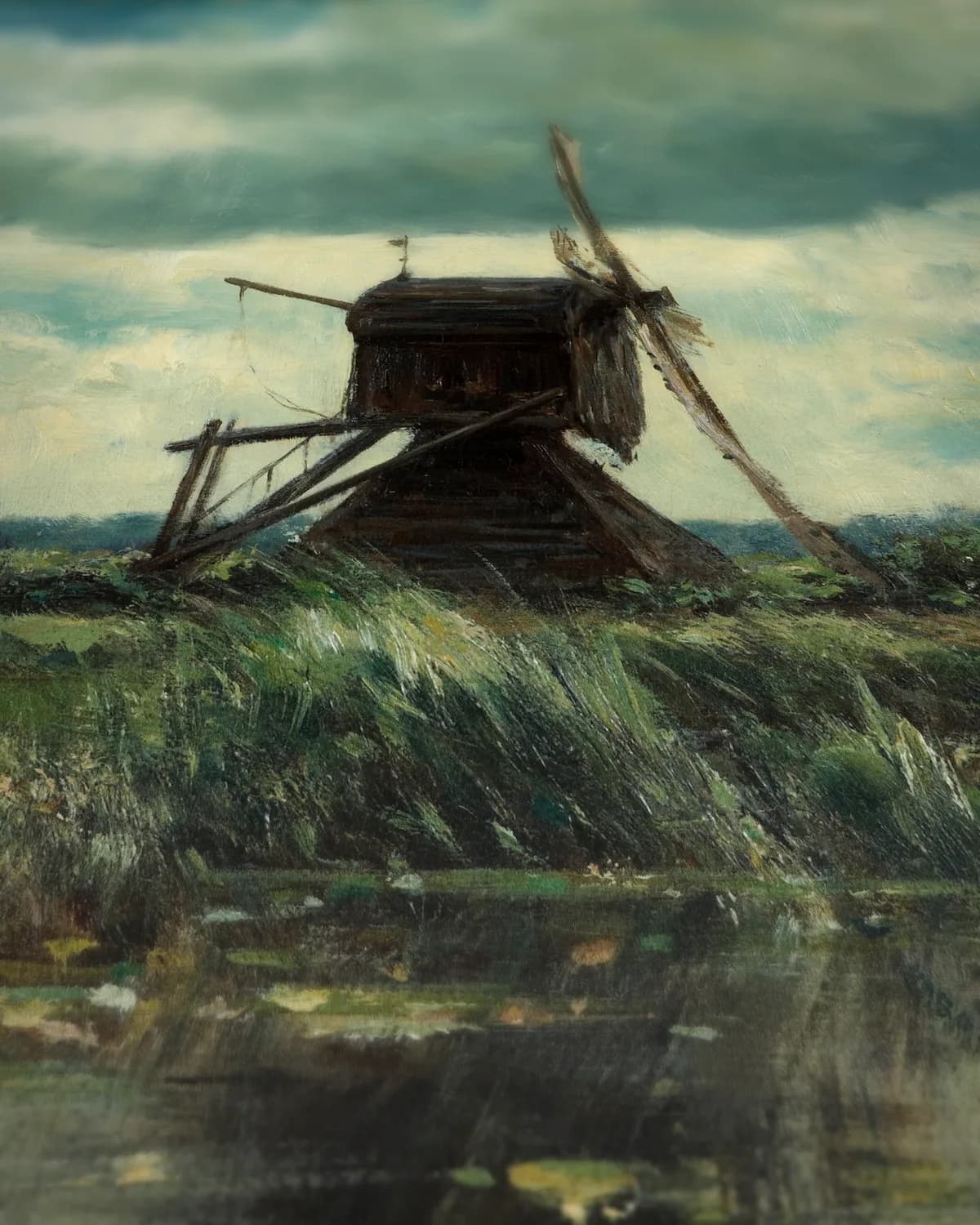 Polderlandschap met molen bij Abcoude op geweven fluweel, uitsnede 3 van 3