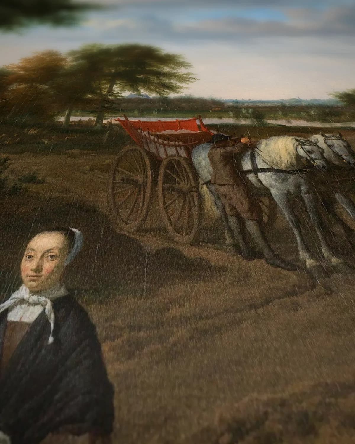Portret van een echtpaar met twee kinderen en een min in een landschap op geweven fluweel, uitsnede 1 van 3