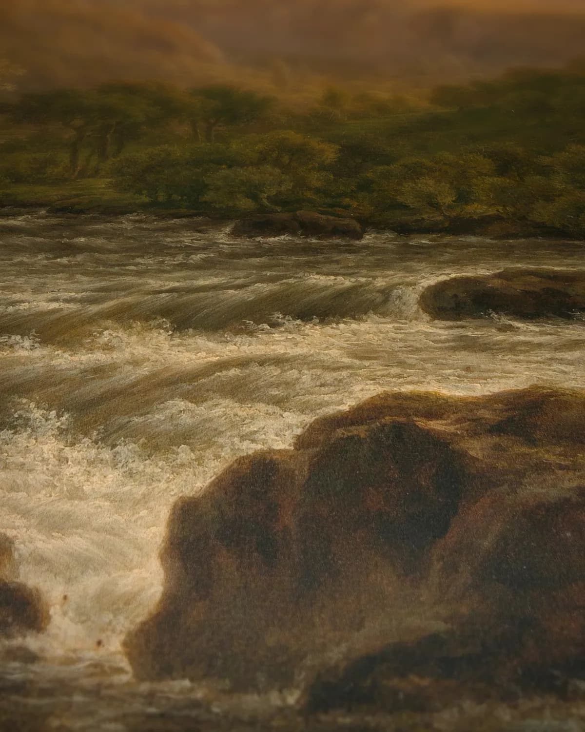 Rivier in de Ardennen bij zonsondergang op geweven fluweel, uitsnede 3 van 3