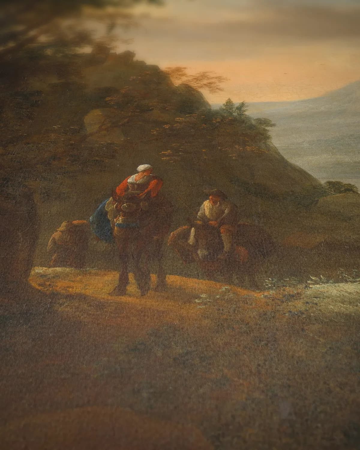 Riviergezicht in een bergachtig landschap op geweven fluweel, uitsnede 3 van 3