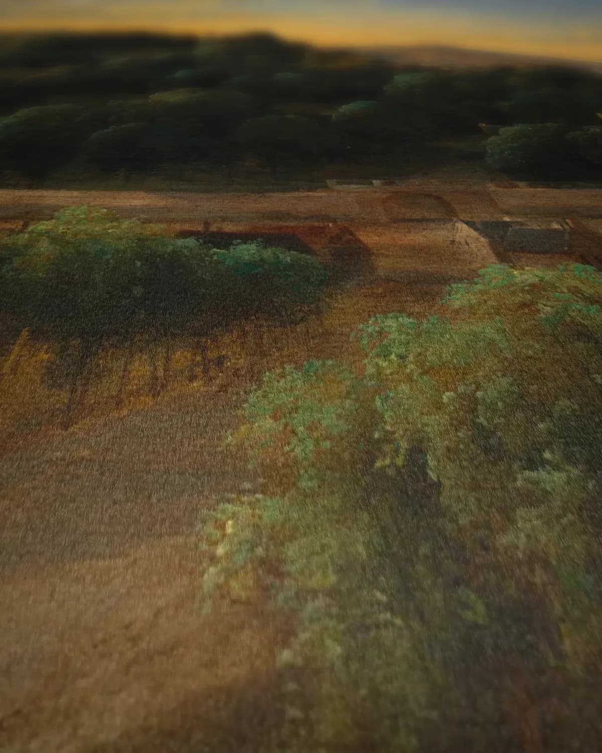 Rivierlandschap bij zonsondergang op geweven fluweel, uitsnede 1 van 3