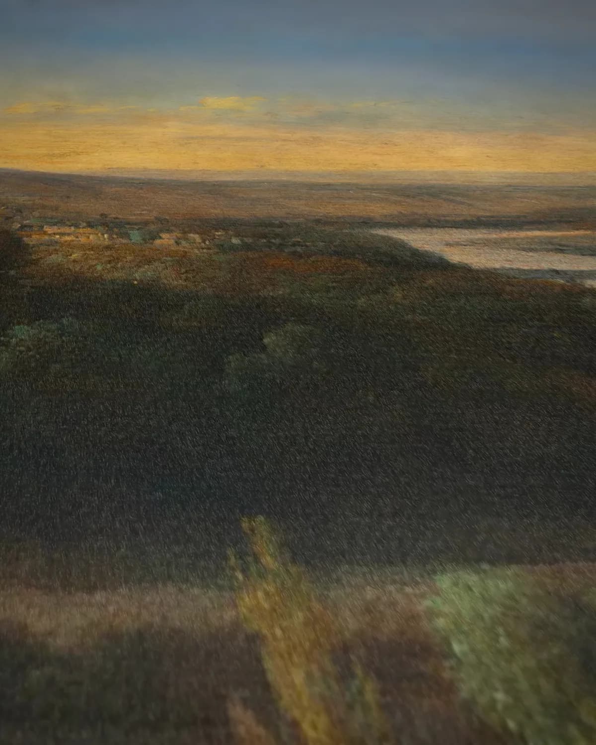Rivierlandschap bij zonsondergang op geweven fluweel, uitsnede 2 van 3