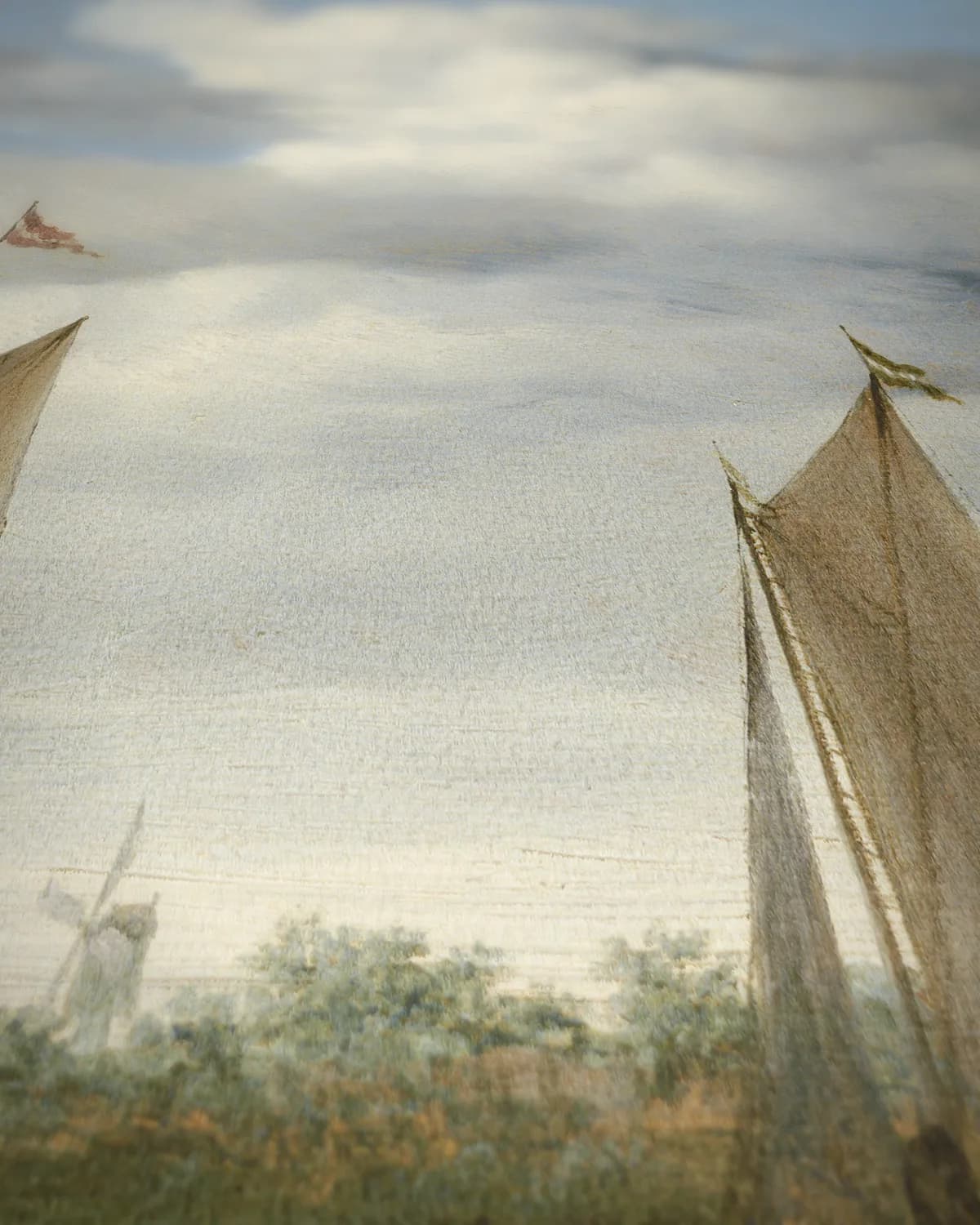 Rivierlandschap met zeilboten op geweven fluweel, uitsnede 1 van 3
