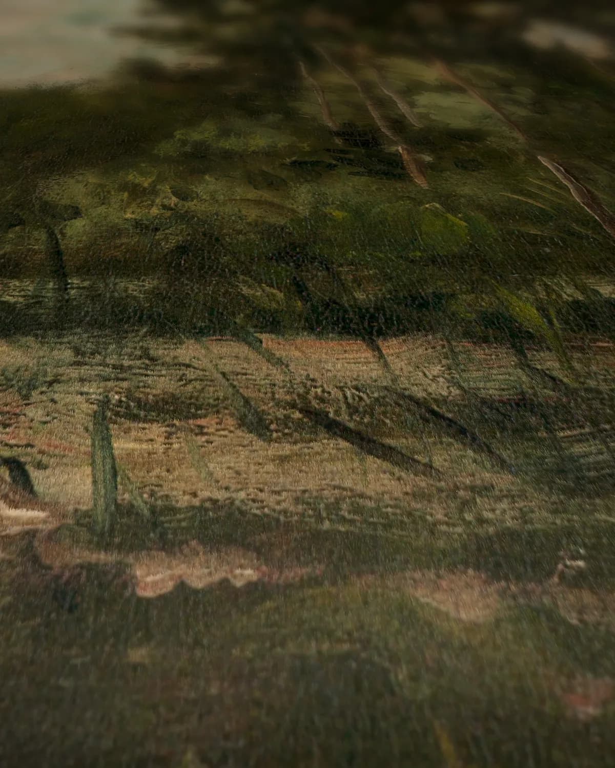 Rustig landschap met bomen en water op geweven fluweel, uitsnede 1 van 3