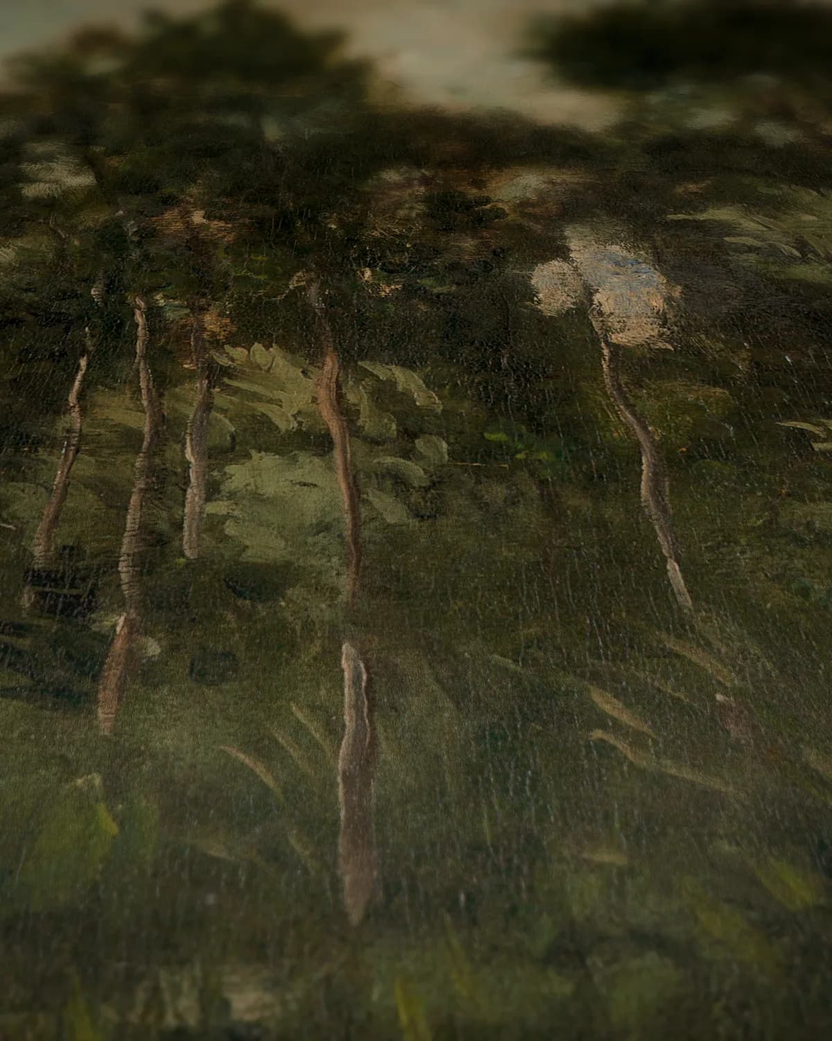 Rustig landschap met bomen en water op geweven fluweel, uitsnede 3 van 3