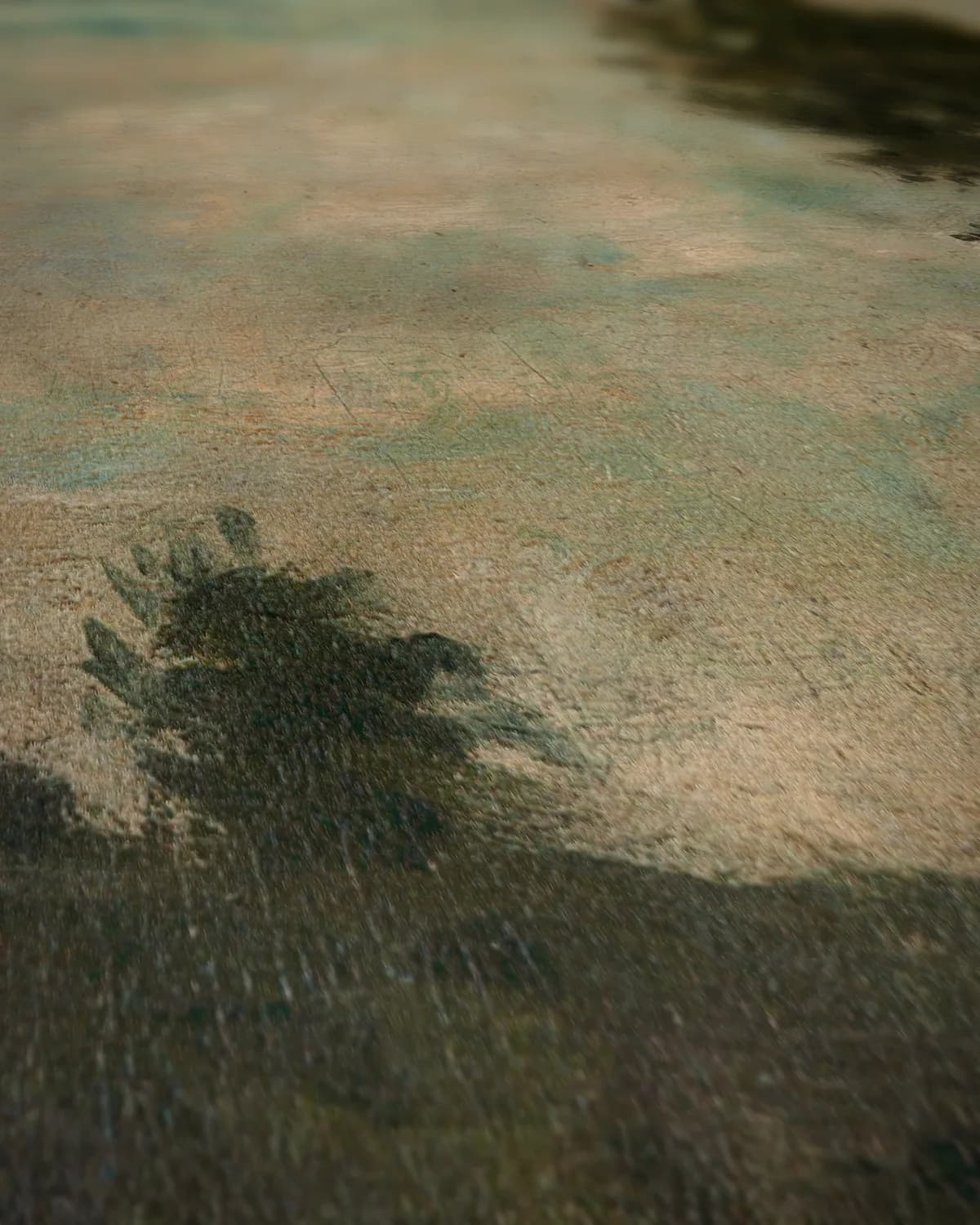 Rustig landschap met bomen en water op geweven fluweel, uitsnede 2 van 3