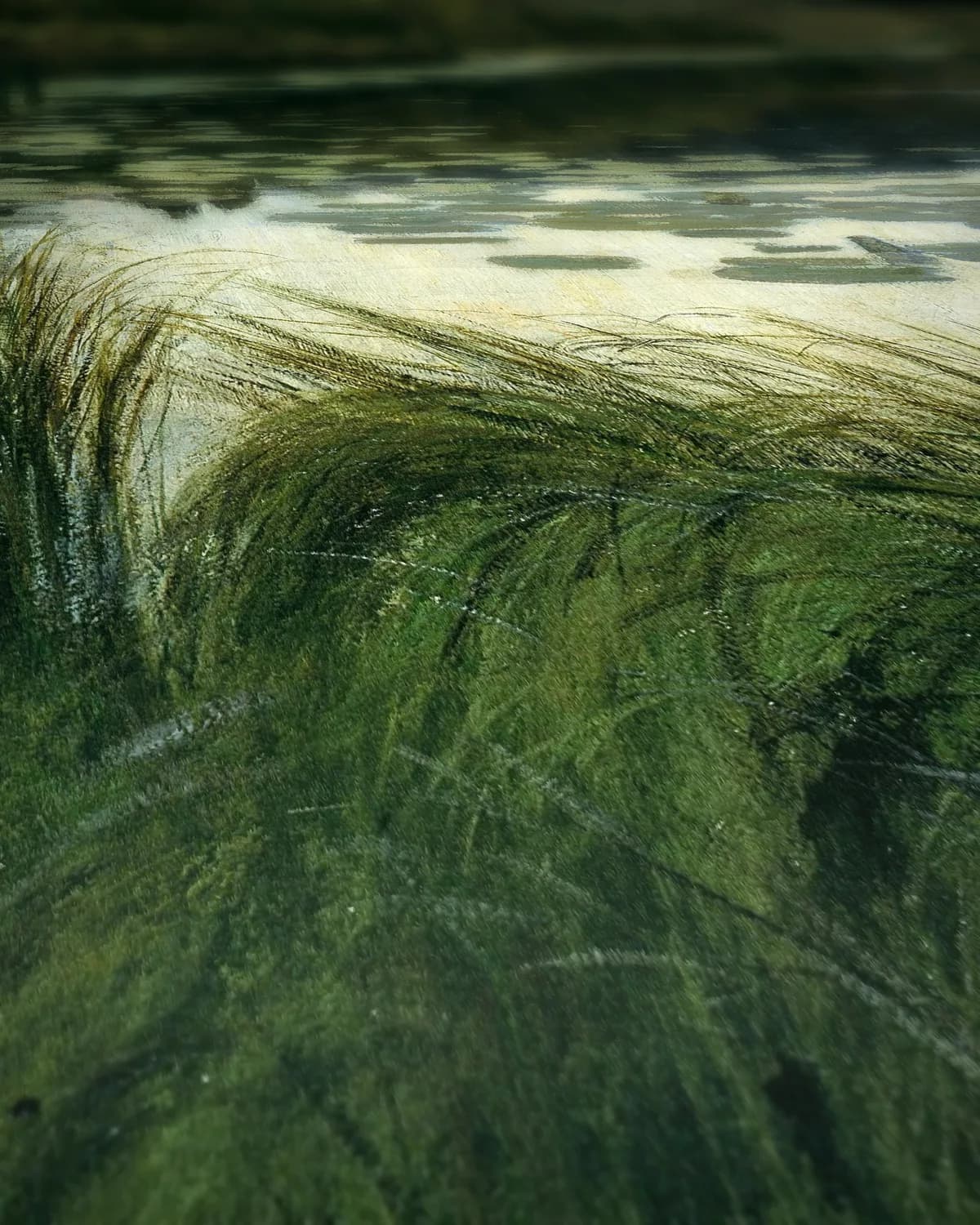 Rustig meer met waterlelies op geweven fluweel, uitsnede 2 van 3