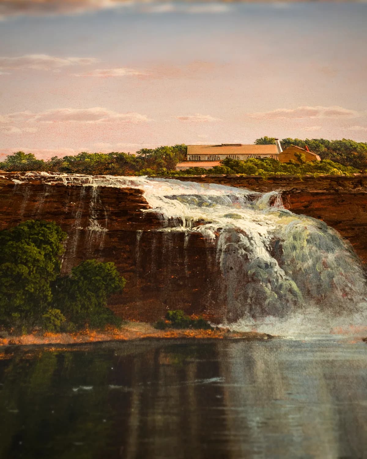 Rustige waterval met visser op geweven fluweel, uitsnede 3 van 3