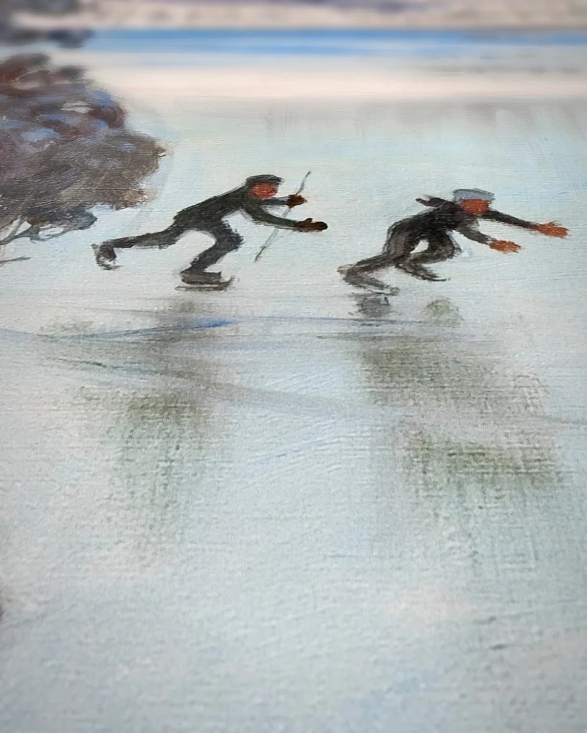 Schaatsers bij de oever van Kalela op geweven fluweel, uitsnede 3 van 3