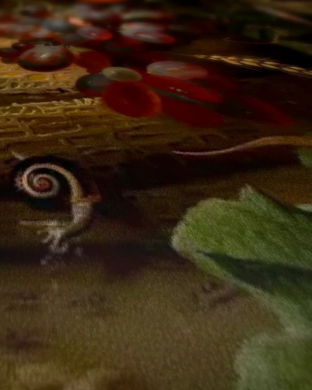 Stilleven met fruit, vissen en vogels op geweven fluweel, uitsnede 2 van 3