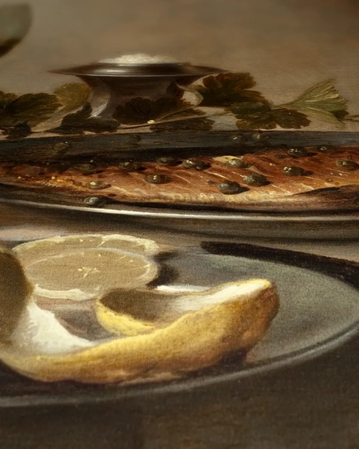 Stilleven met haring, wijn en brood op geweven fluweel, uitsnede 3 van 3