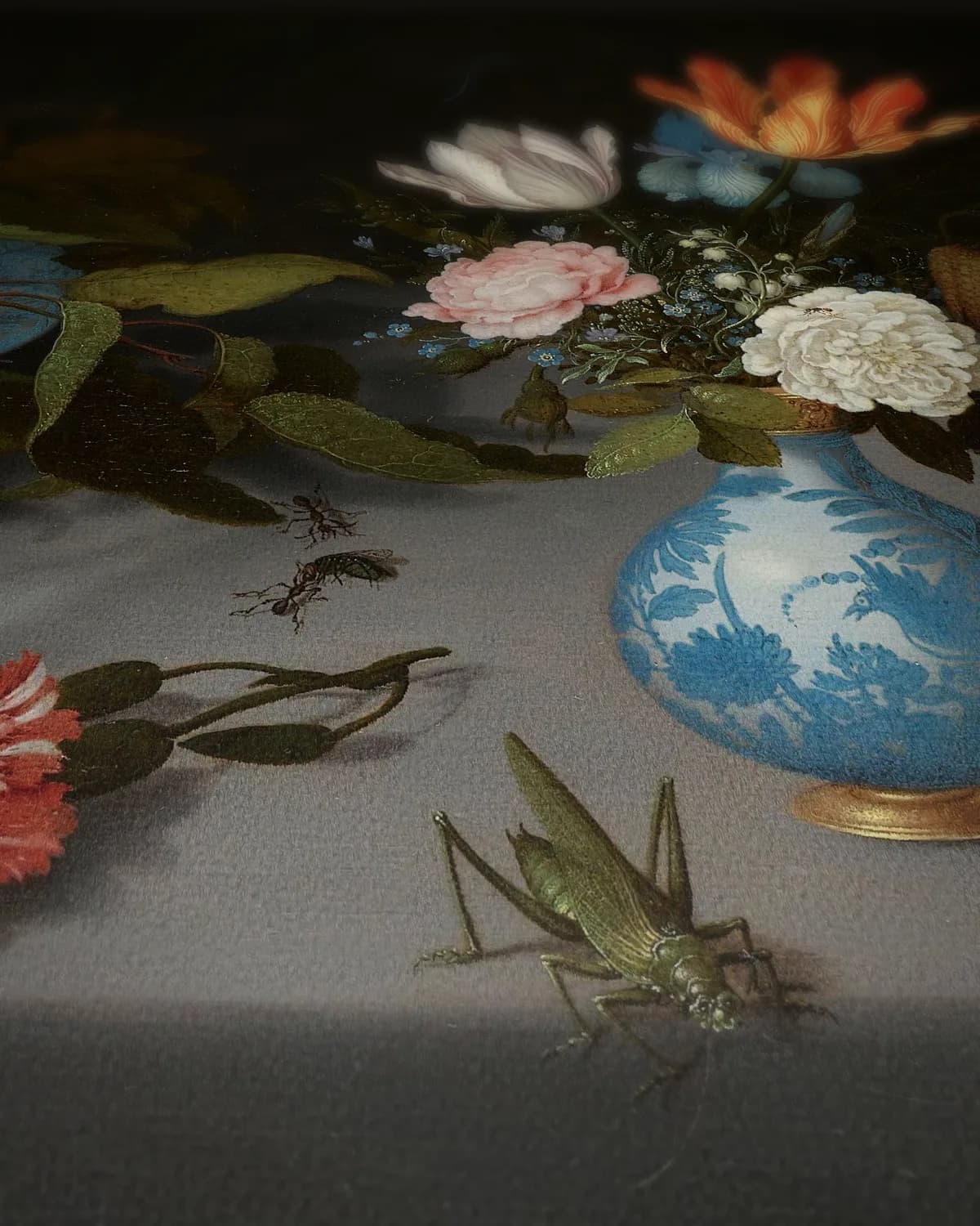 Stilleven met vruchten en bloemen op geweven fluweel, uitsnede 3 van 3