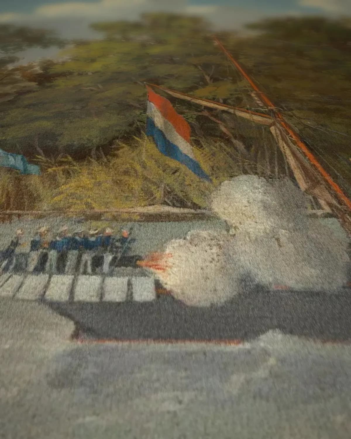Tafereel uit de Kongsi-oorlogen, West-Kalimantan 1853 op geweven fluweel, uitsnede 1 van 3