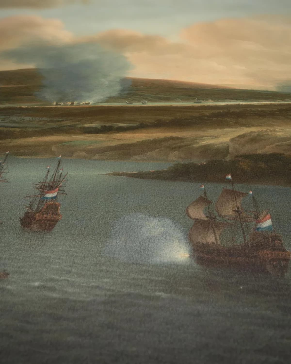 Tocht naar Chatham, 1667: de Nederlandse vloot in de monding van de Medway op geweven fluweel, uitsnede 3 van 3