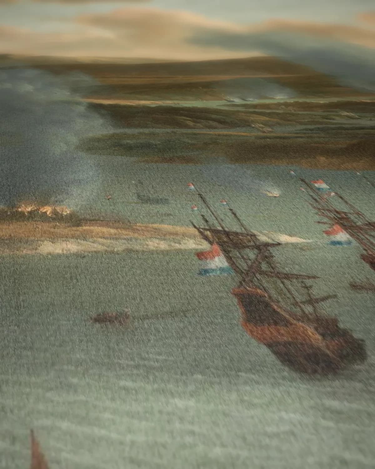 Tocht naar Chatham, 1667: de Nederlandse vloot in de monding van de Medway op geweven fluweel, uitsnede 2 van 3