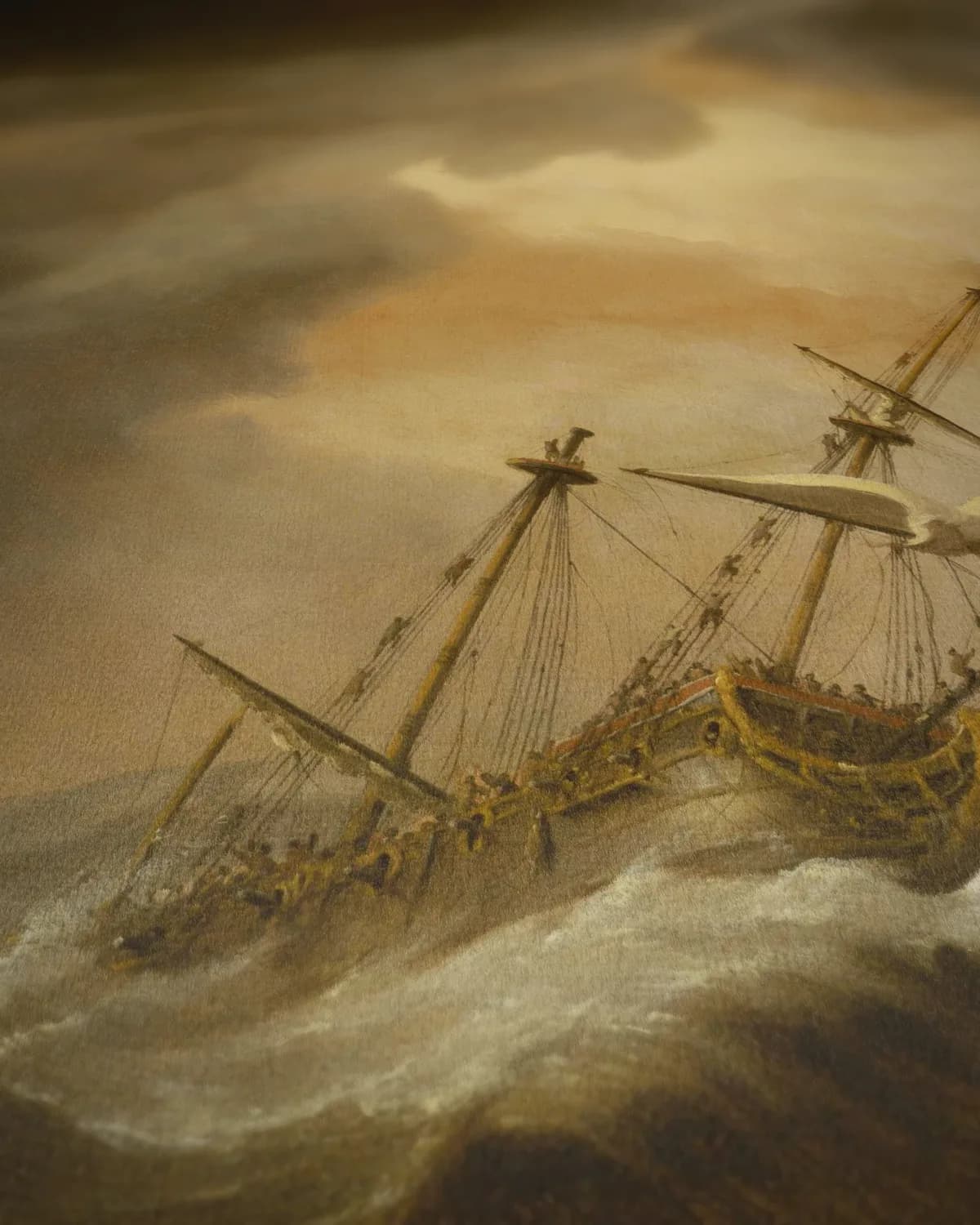 Twee Engelse schepen vergaan in een storm op een rotskust op geweven fluweel, uitsnede 3 van 3