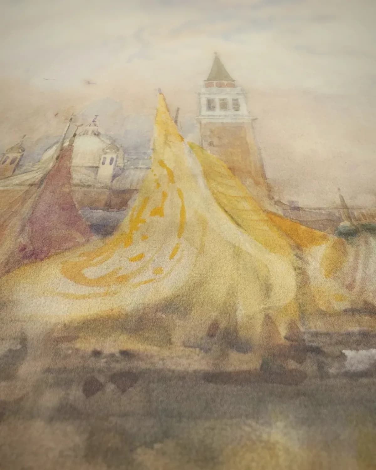 Venetië met opkomende mist vanaf de Adriatische Zee op geweven fluweel, uitsnede 3 van 3
