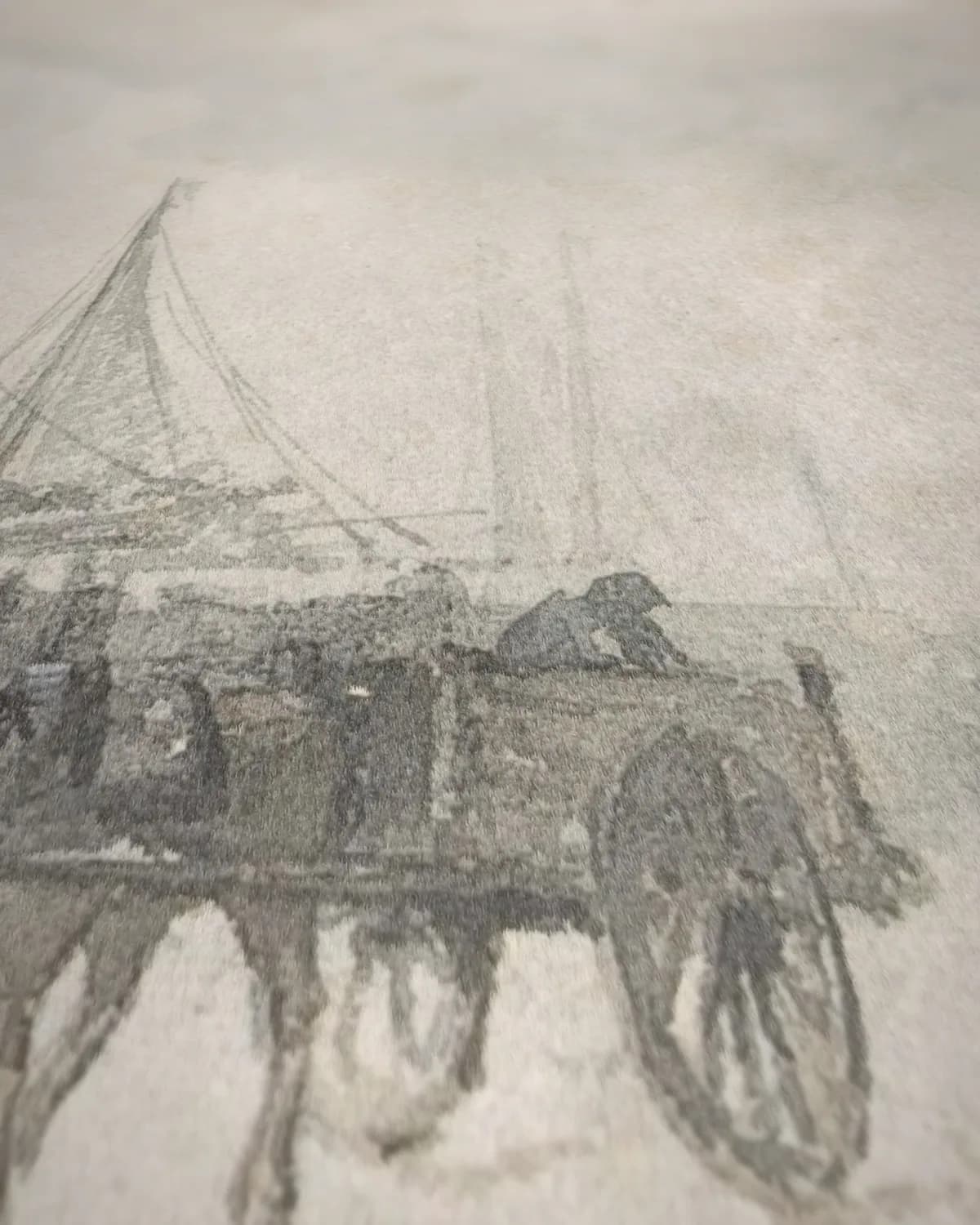 Vissersschepen op het strand in de winter op geweven fluweel, uitsnede 1 van 3