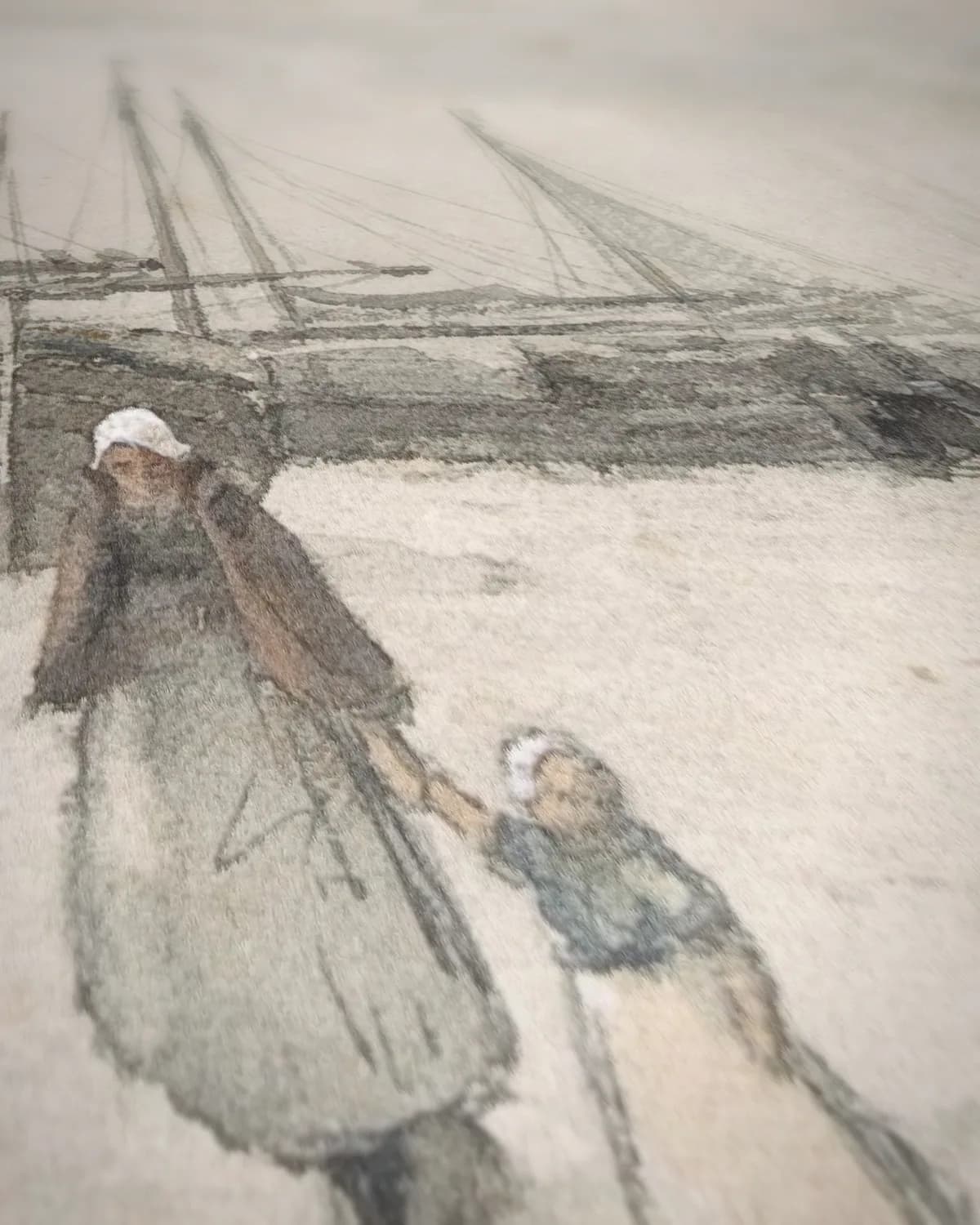 Vissersschepen op het strand in de winter op geweven fluweel, uitsnede 2 van 3