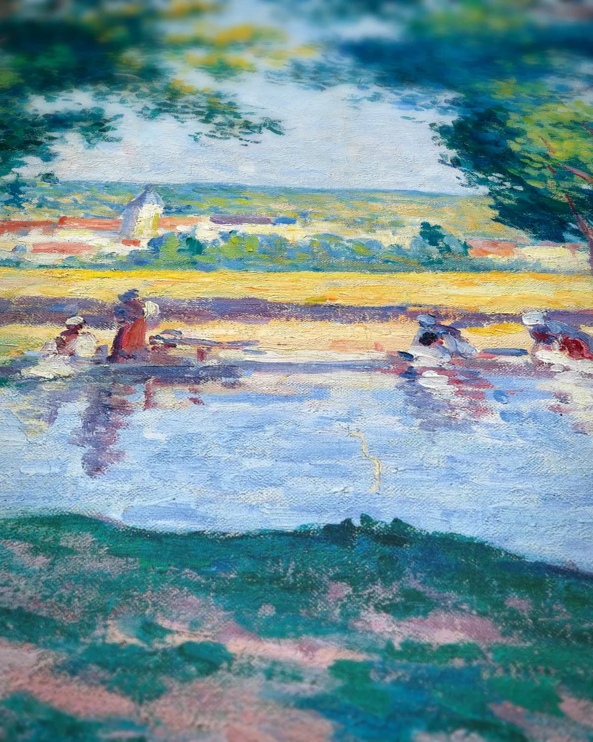 Wassende vrouwen aan de rivier op geweven fluweel, uitsnede 3 van 3