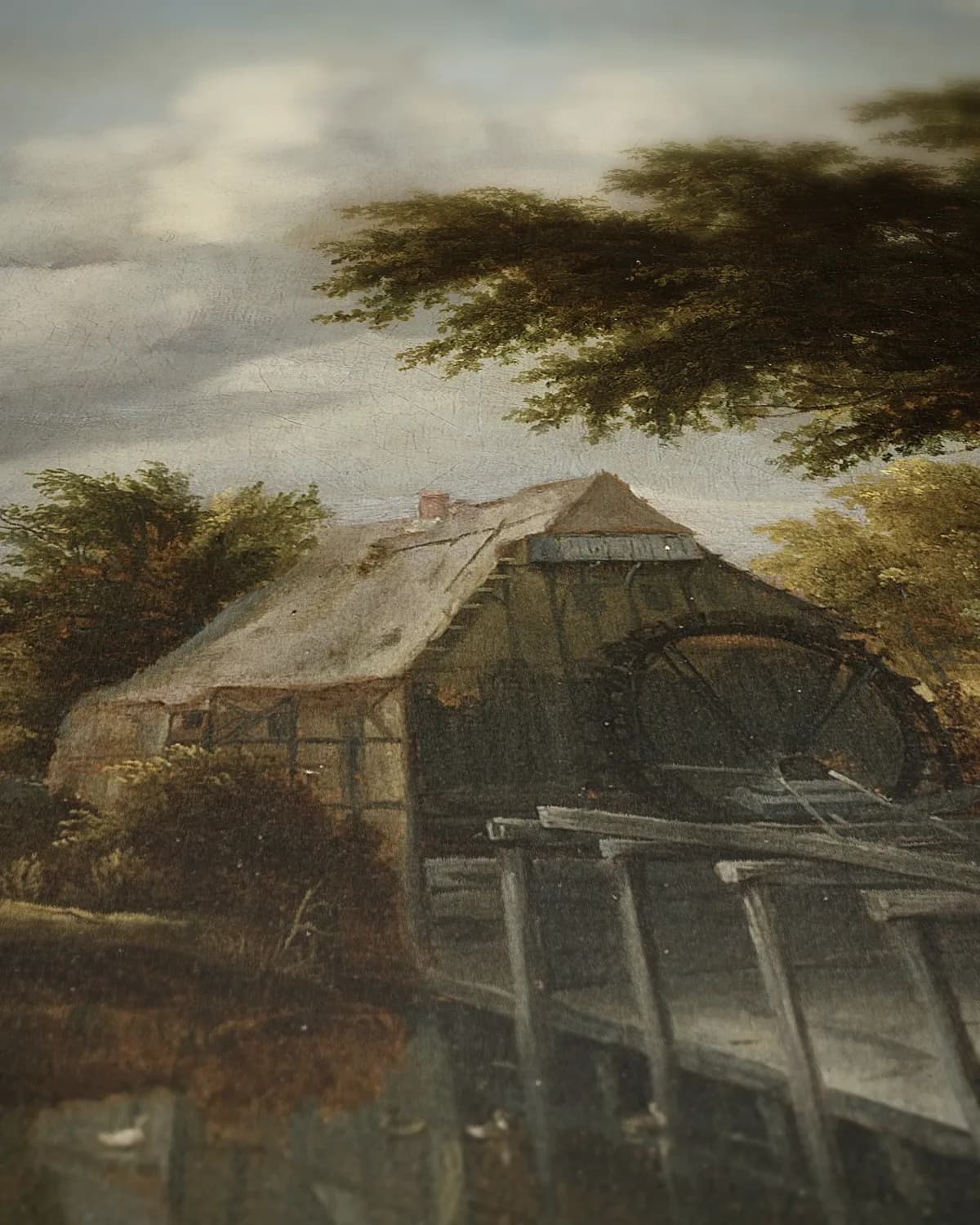 Watermolen bij het bos op geweven fluweel, uitsnede 3 van 3