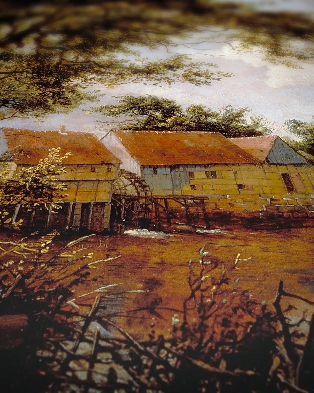 Watermolen langs de bosweg op geweven fluweel, uitsnede 3 van 3