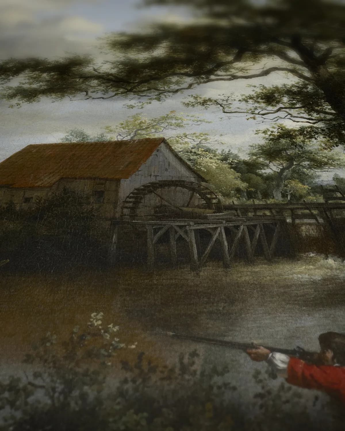 Watermolen tussen de bomen op geweven fluweel, uitsnede 3 van 3