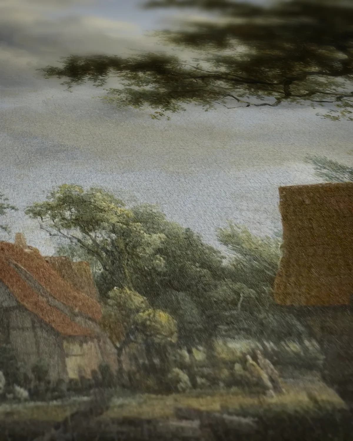 Watermolen tussen de bomen op geweven fluweel, uitsnede 2 van 3