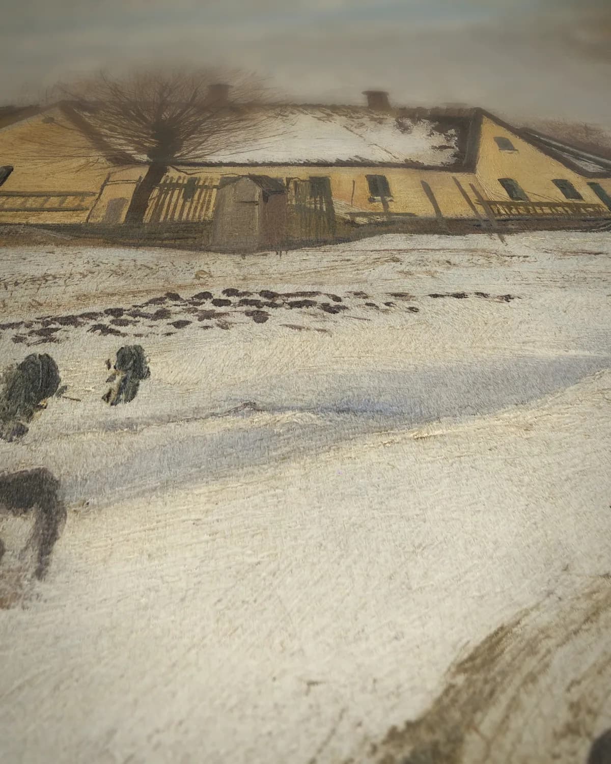 Winterdag met sneeuw in Baldersbrønde op geweven fluweel, uitsnede 1 van 3