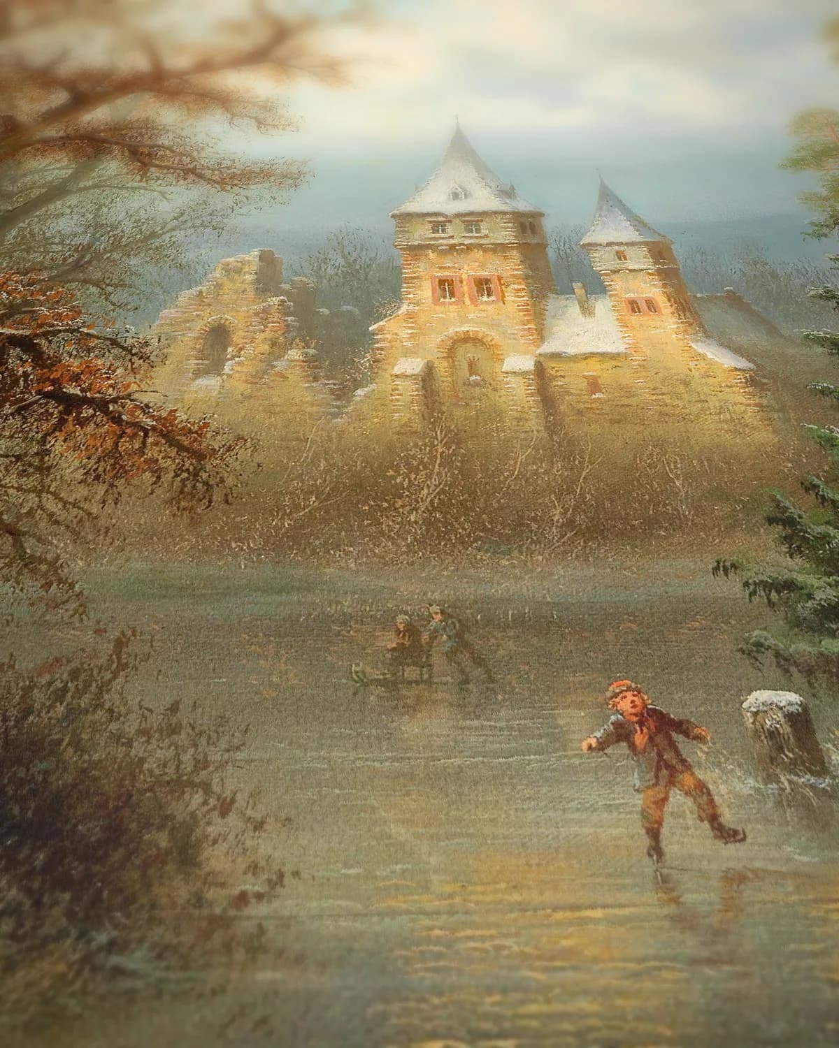 Winterlandschap met kasteel en schaatsers op geweven fluweel, uitsnede 3 van 3