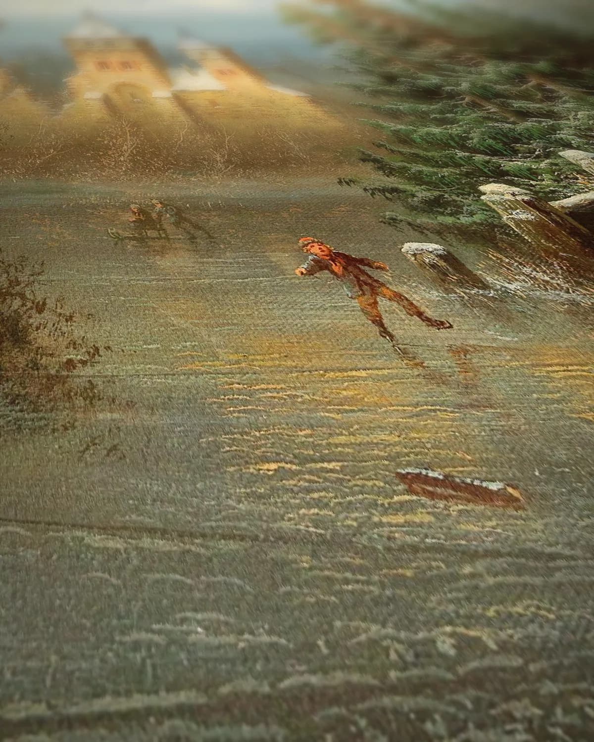 Winterlandschap met kasteel en schaatsers op geweven fluweel, uitsnede 2 van 3