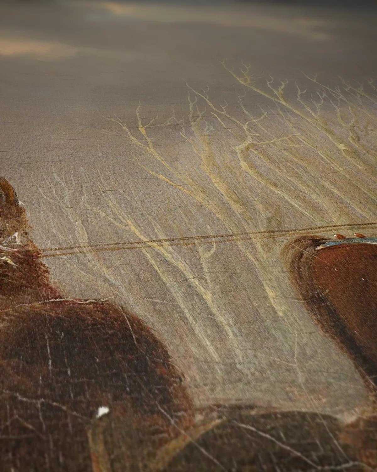 Winterlandschap met paardenslee op het ijs op geweven fluweel, uitsnede 2 van 3
