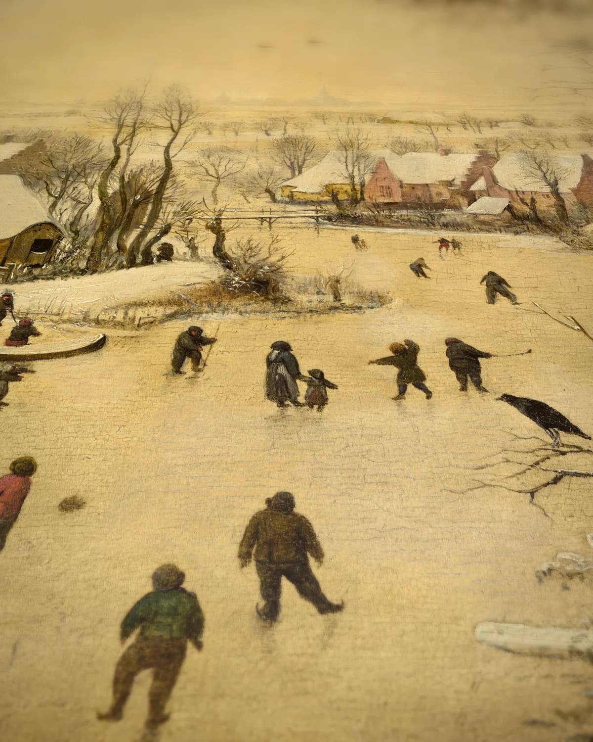 Winterlandschap met schaatsers en vogelknip op geweven fluweel, uitsnede 3 van 3