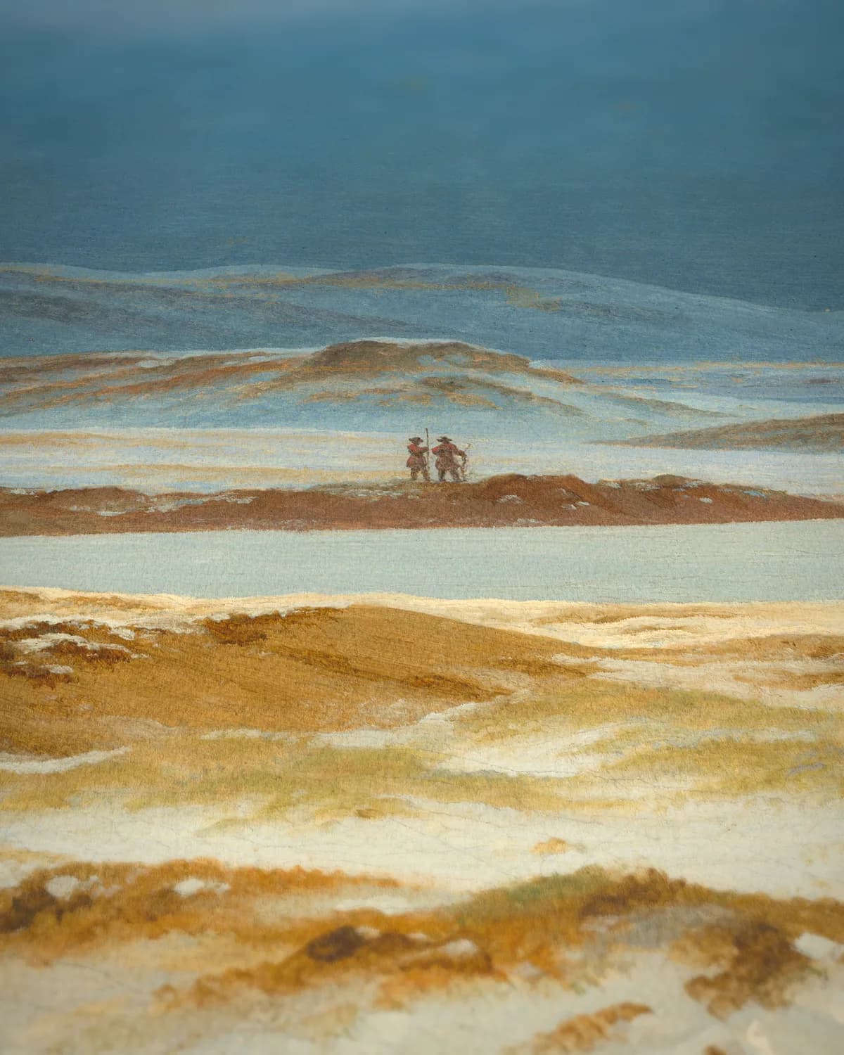 Winterlandschap met wandelaars op geweven fluweel, uitsnede 3 van 3
