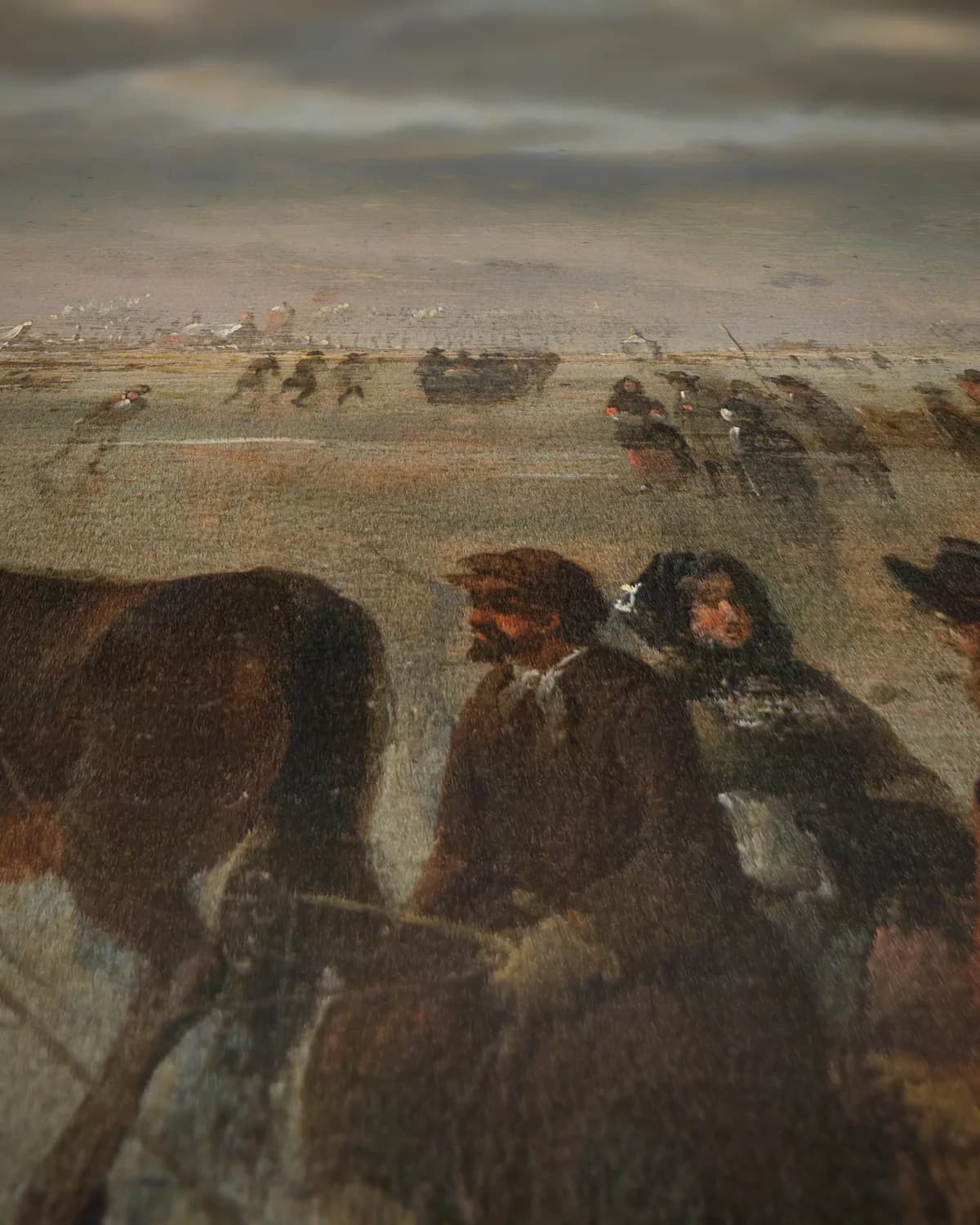 Winterplezier op het ijs bij de stadspoort op geweven fluweel, uitsnede 1 van 3