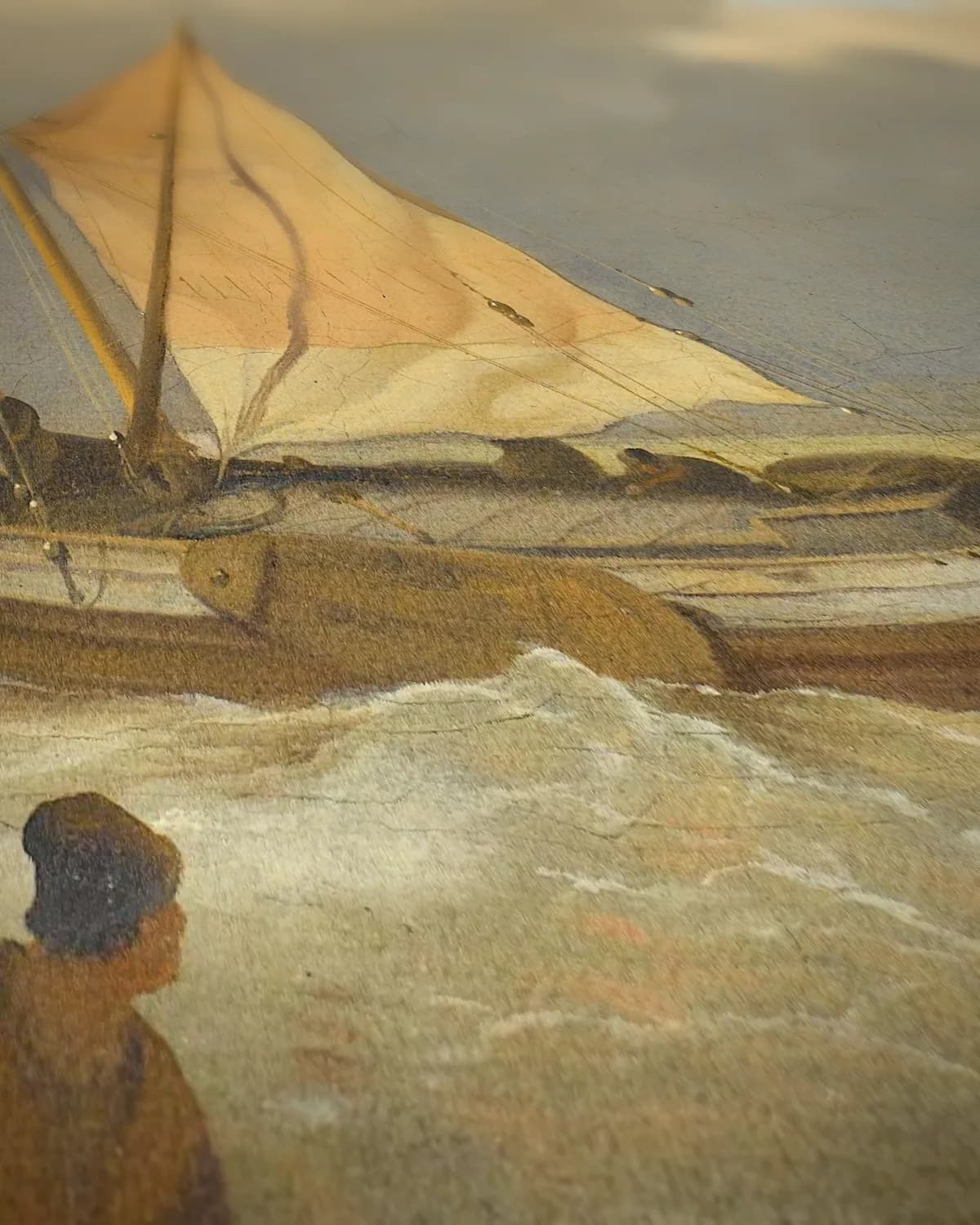 Zee bij de kust met een spriettjalk op geweven fluweel, uitsnede 2 van 3