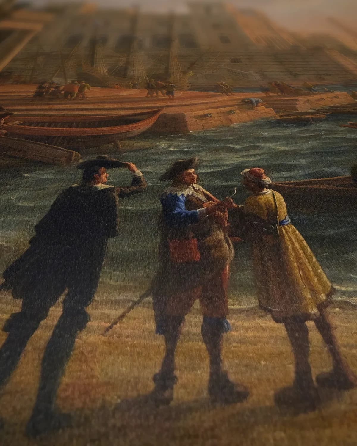 Zeehaven bij ondergaande zon (1639) op geweven fluweel, uitsnede 1 van 3